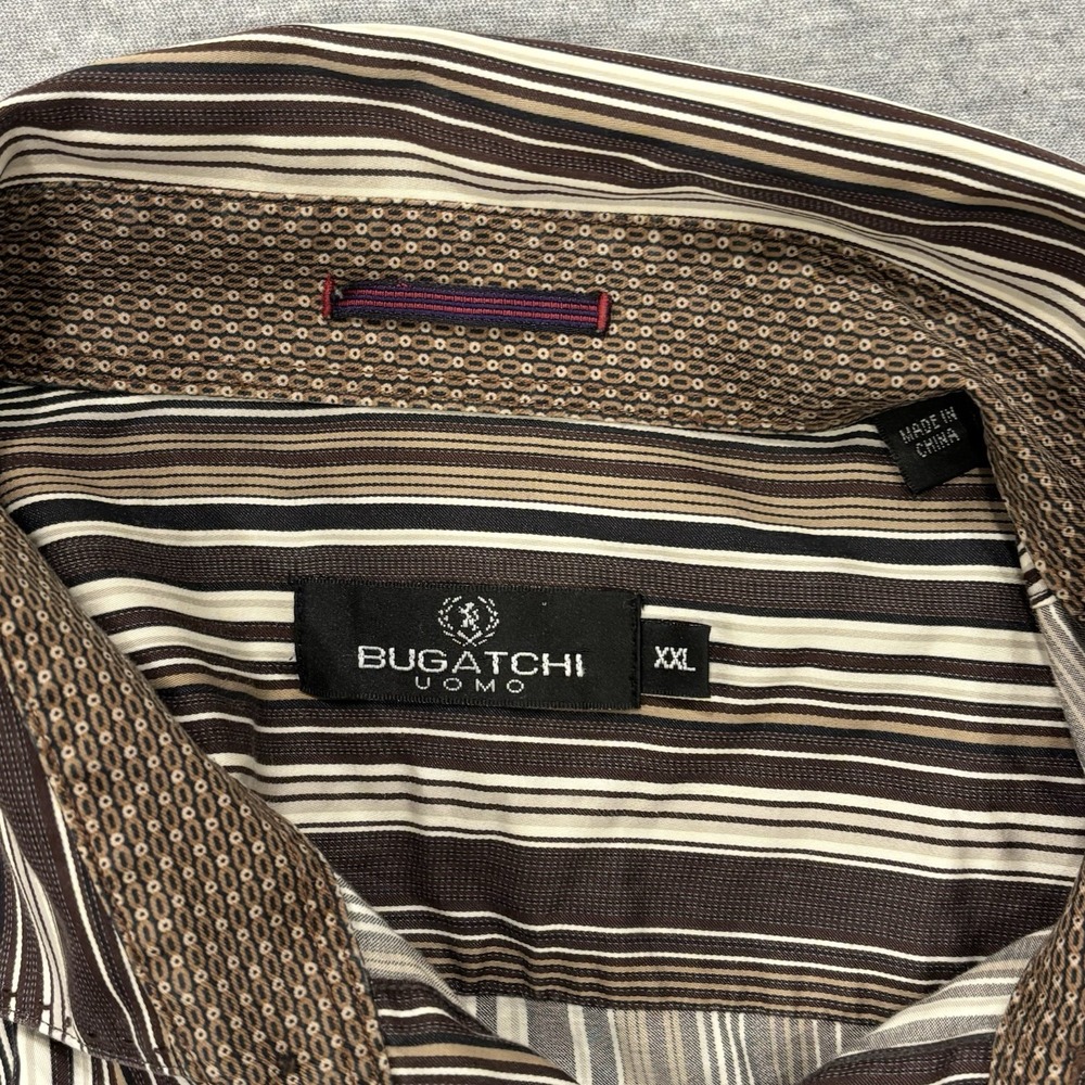 Bugatchi Uomo Button Up Shirt Men's Size XXL Brown Vertical Striped Flip Cuff - Picture 4 of 8